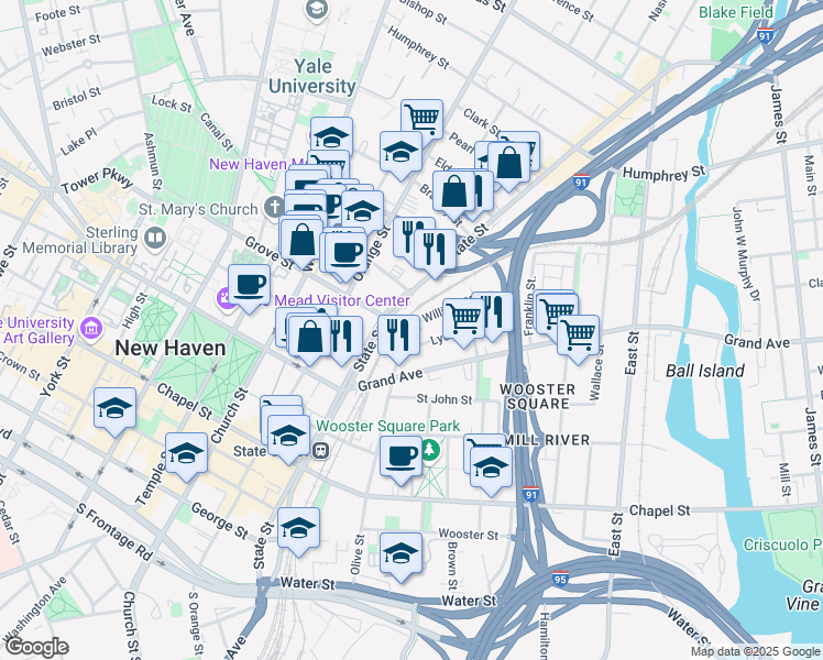map of restaurants, bars, coffee shops, grocery stores, and more near 83 Lyon Street in New Haven