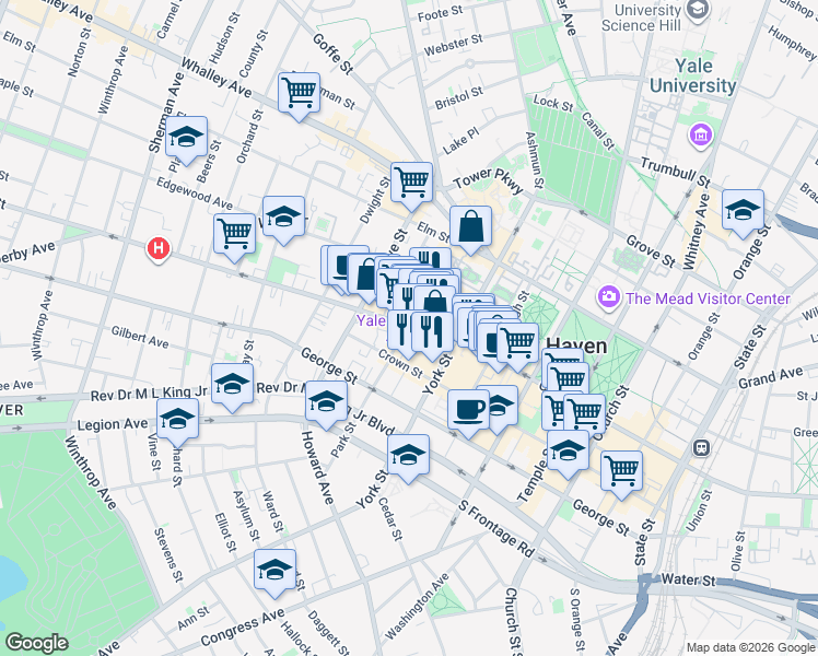 map of restaurants, bars, coffee shops, grocery stores, and more near 1156 Chapel Street in New Haven