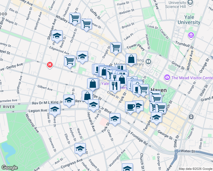 map of restaurants, bars, coffee shops, grocery stores, and more near 379 Crown Street in New Haven