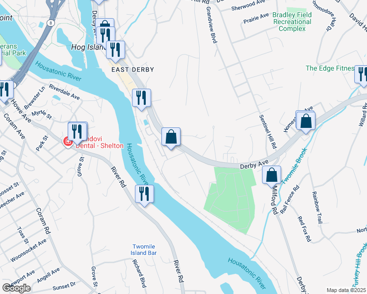 map of restaurants, bars, coffee shops, grocery stores, and more near 155 New Haven Avenue in Derby