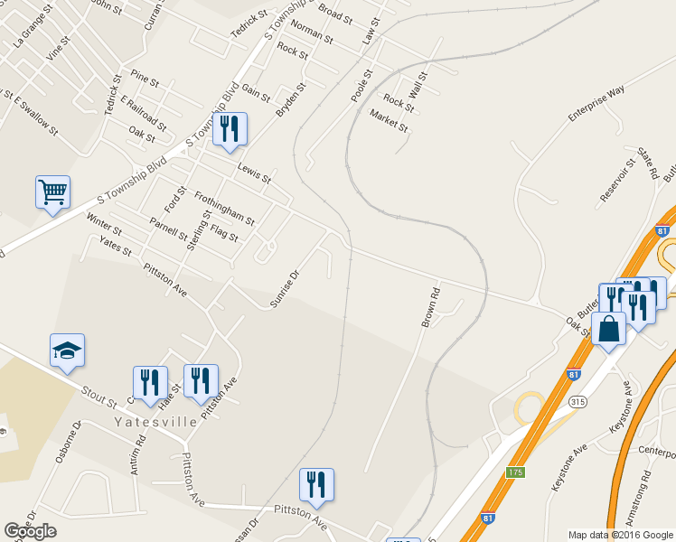 map of restaurants, bars, coffee shops, grocery stores, and more near 1114-1122 Sunset Dr in Pittston