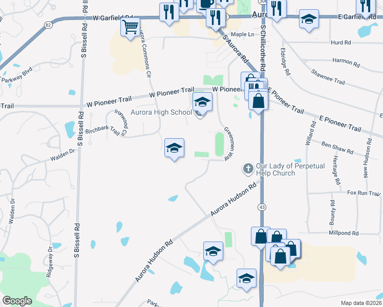 map of restaurants, bars, coffee shops, grocery stores, and more near 130 Aurora Hudson Road in Aurora