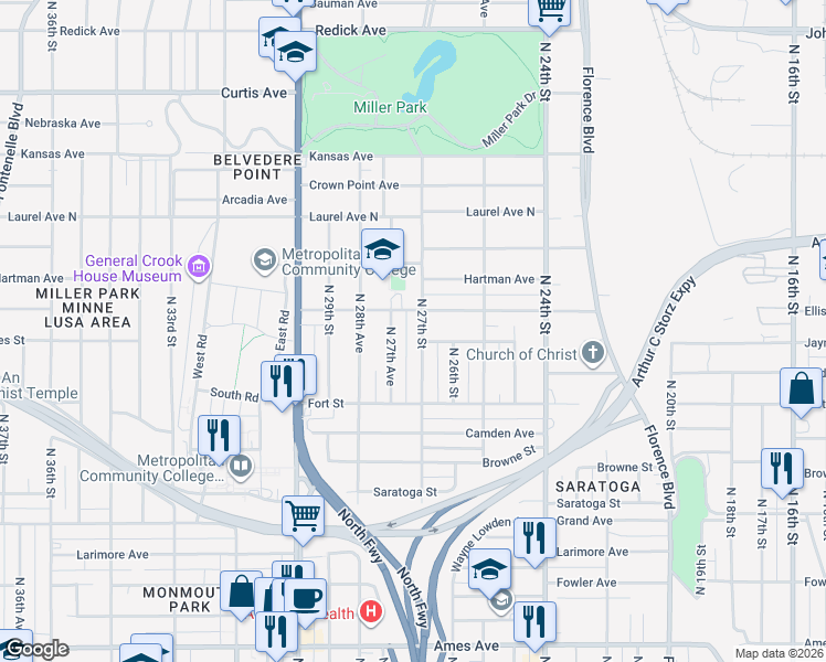 map of restaurants, bars, coffee shops, grocery stores, and more near 5362 North 27th Street in Omaha