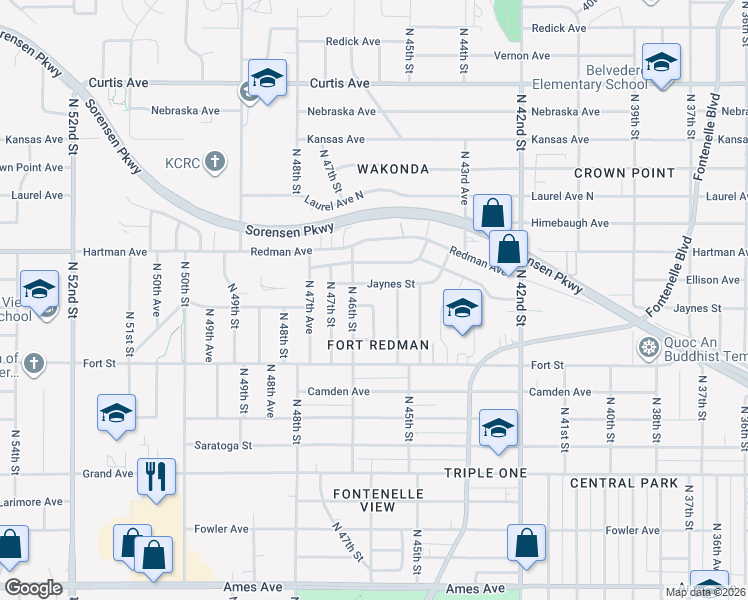 map of restaurants, bars, coffee shops, grocery stores, and more near 543 North 45th Avenue in Omaha