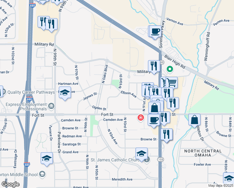 map of restaurants, bars, coffee shops, grocery stores, and more near 9318 Jaynes Street in Omaha