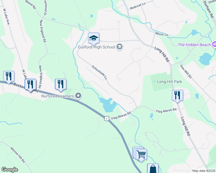 map of restaurants, bars, coffee shops, grocery stores, and more near 303 Schoolside Lane in Guilford
