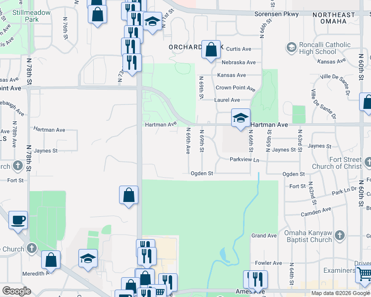 map of restaurants, bars, coffee shops, grocery stores, and more near 5511 North 69th Avenue in Omaha
