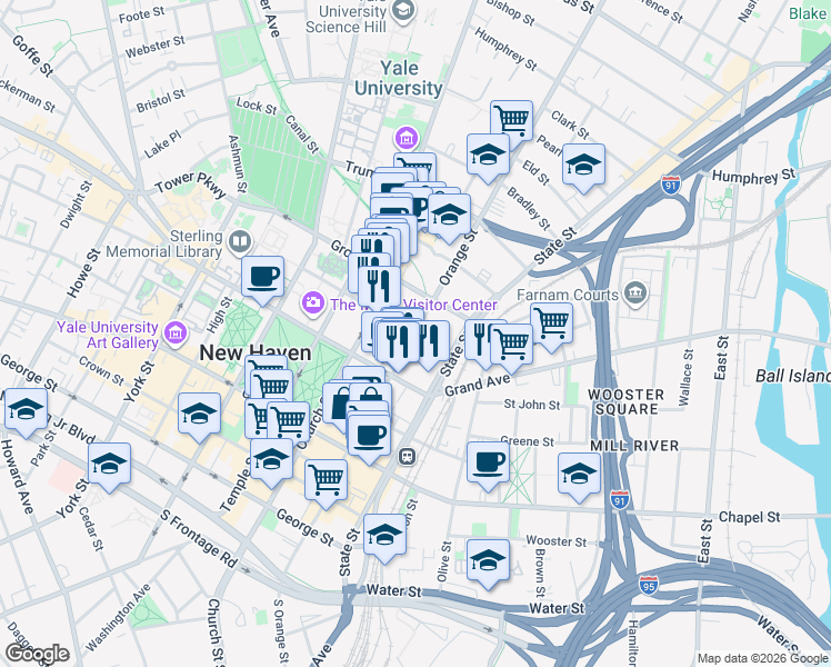 map of restaurants, bars, coffee shops, grocery stores, and more near Orange St & Wall St in New Haven
