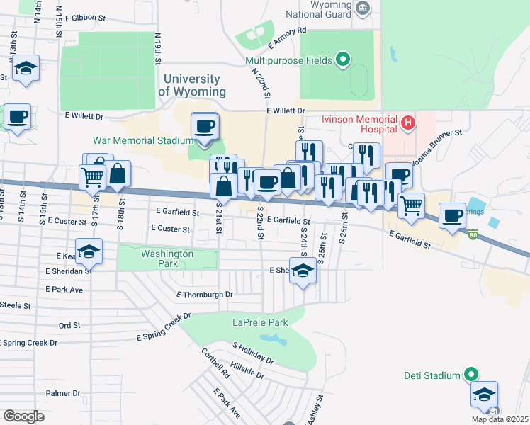 map of restaurants, bars, coffee shops, grocery stores, and more near 425 South Stetson Court in Laramie