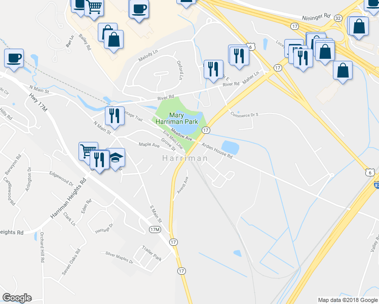 map of restaurants, bars, coffee shops, grocery stores, and more near 2113 Route 17 in Harriman
