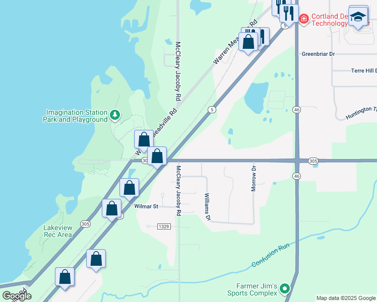 map of restaurants, bars, coffee shops, grocery stores, and more near 2211 Wilson Sharpsville Road in Cortland