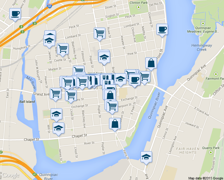 map of restaurants, bars, coffee shops, grocery stores, and more near 188 Grand Avenue in New Haven