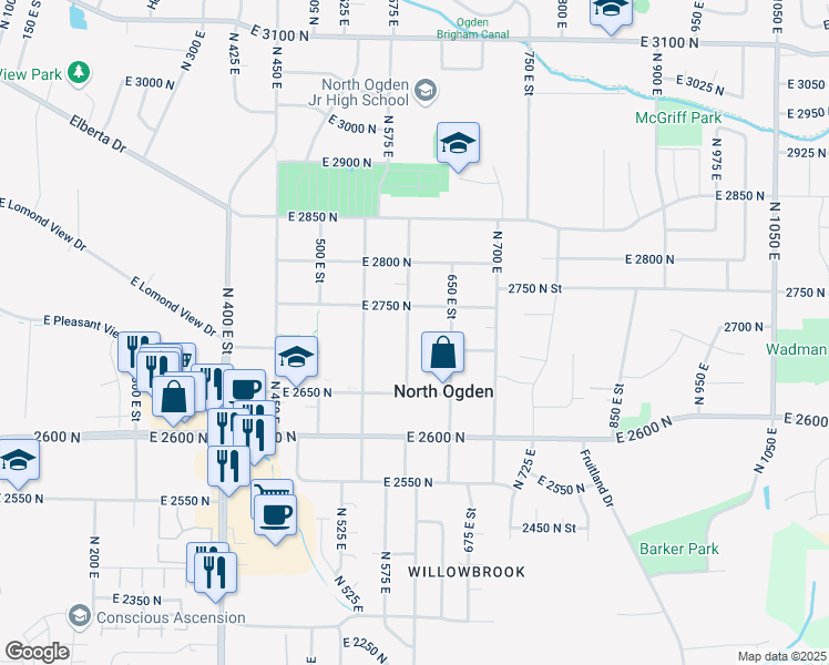 map of restaurants, bars, coffee shops, grocery stores, and more near 2728 North 600 East in Ogden