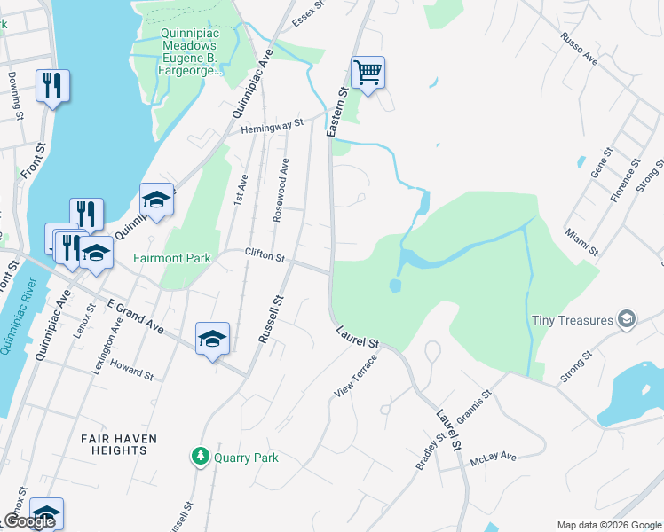 map of restaurants, bars, coffee shops, grocery stores, and more near 35 Eastern Street in New Haven