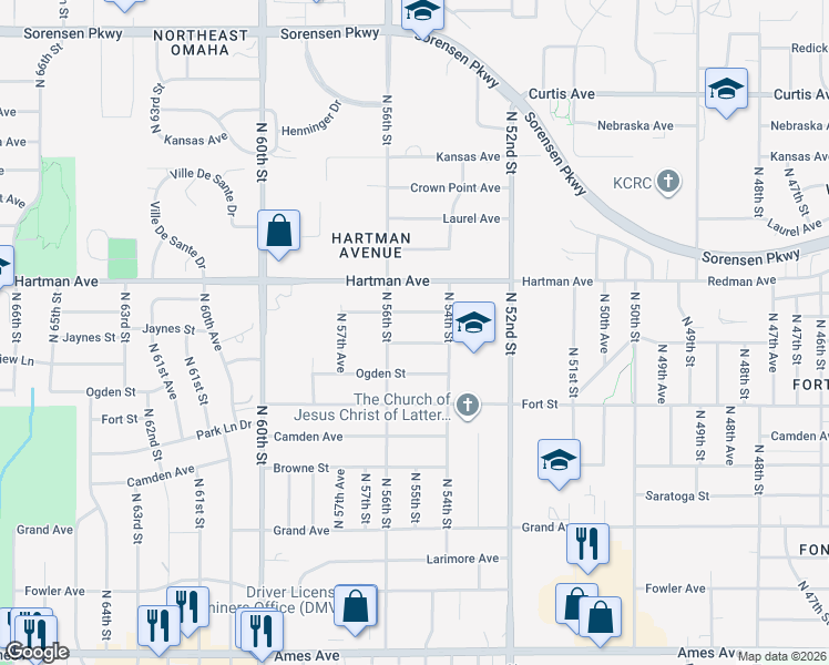 map of restaurants, bars, coffee shops, grocery stores, and more near 5425 Jaynes Street in Omaha