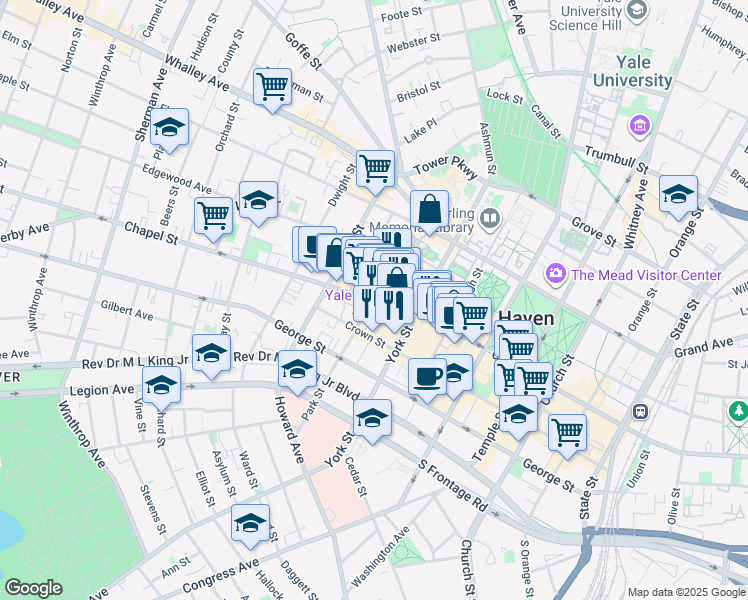 map of restaurants, bars, coffee shops, grocery stores, and more near 1156 Chapel Street in New Haven