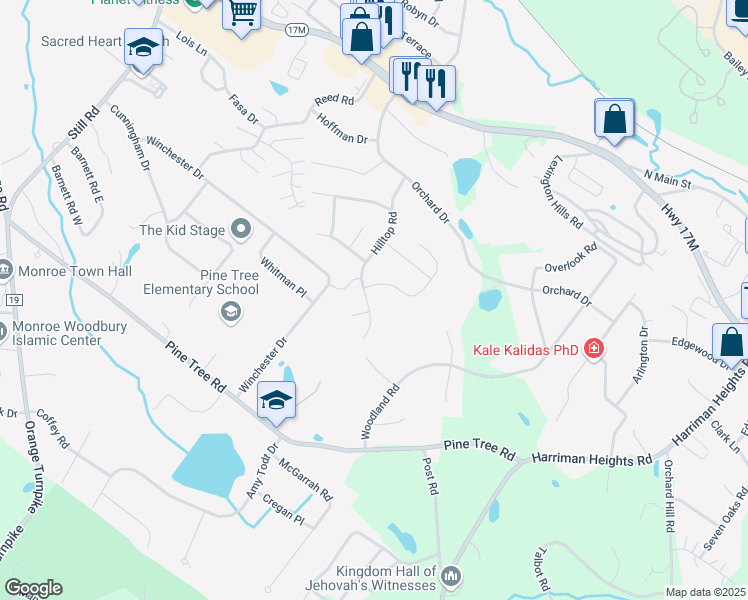 map of restaurants, bars, coffee shops, grocery stores, and more near 169 Hilltop Road in Monroe