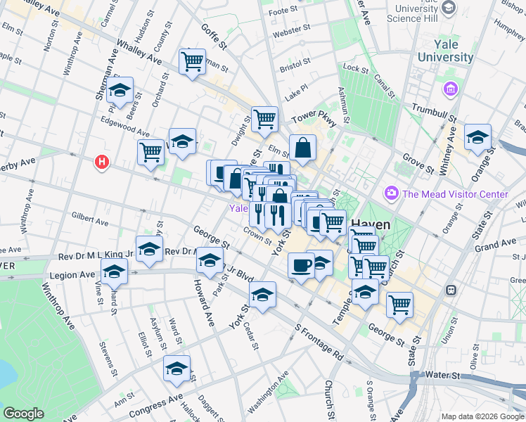 map of restaurants, bars, coffee shops, grocery stores, and more near Yale University in New Haven