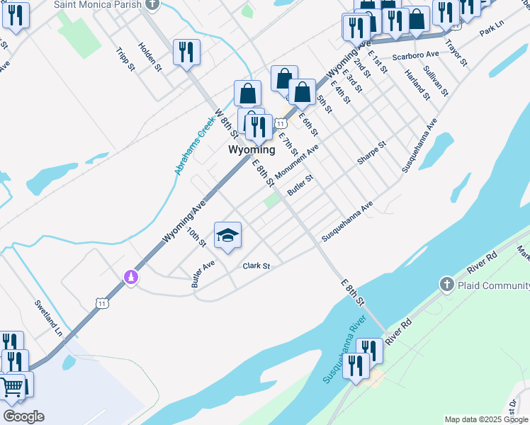 map of restaurants, bars, coffee shops, grocery stores, and more near 115 Butler Street in Wyoming