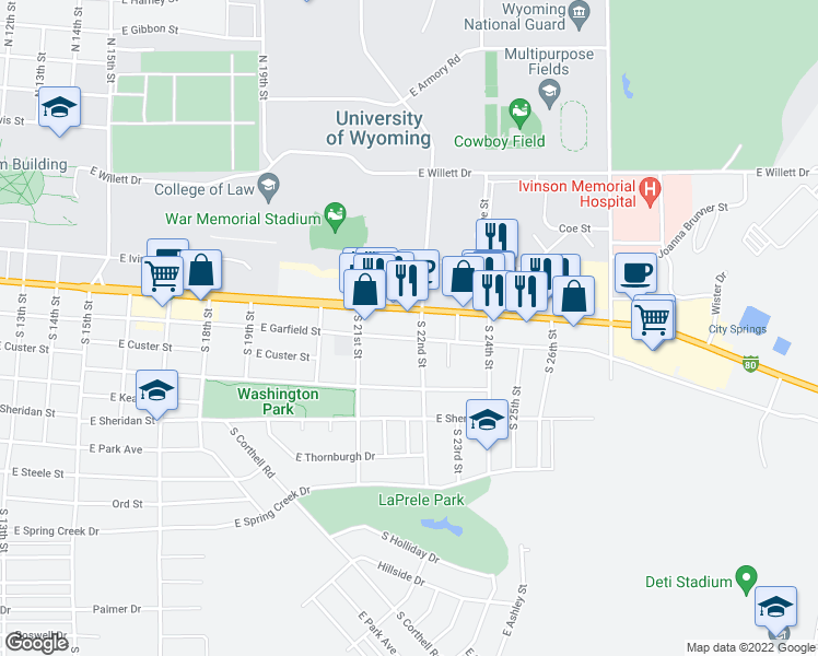 map of restaurants, bars, coffee shops, grocery stores, and more near 2100-2198 E Garfield St in Laramie