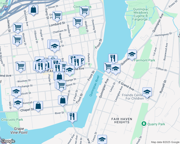 map of restaurants, bars, coffee shops, grocery stores, and more near in New Haven