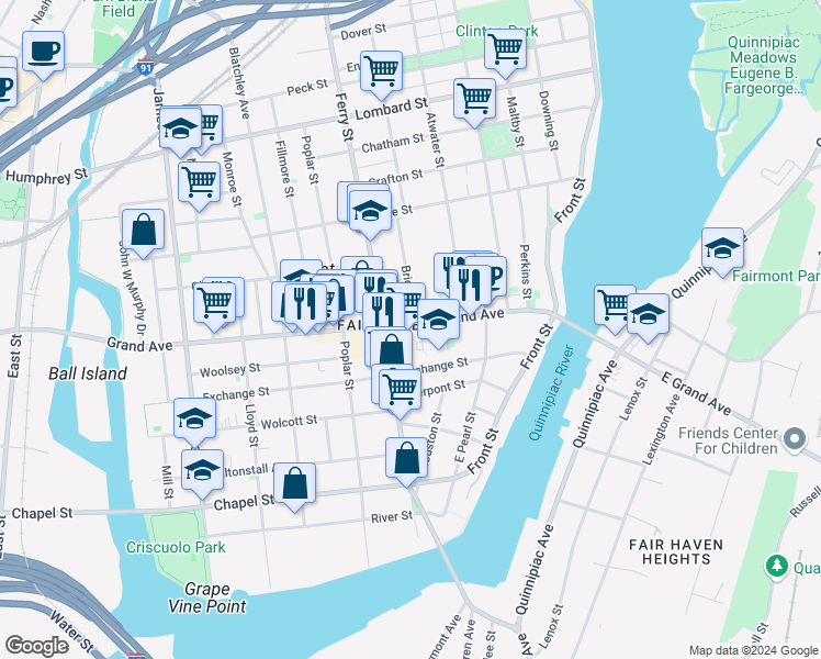 map of restaurants, bars, coffee shops, grocery stores, and more near 182 Grand Avenue in New Haven