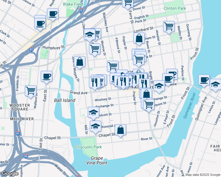 map of restaurants, bars, coffee shops, grocery stores, and more near 324 Grand Avenue in New Haven