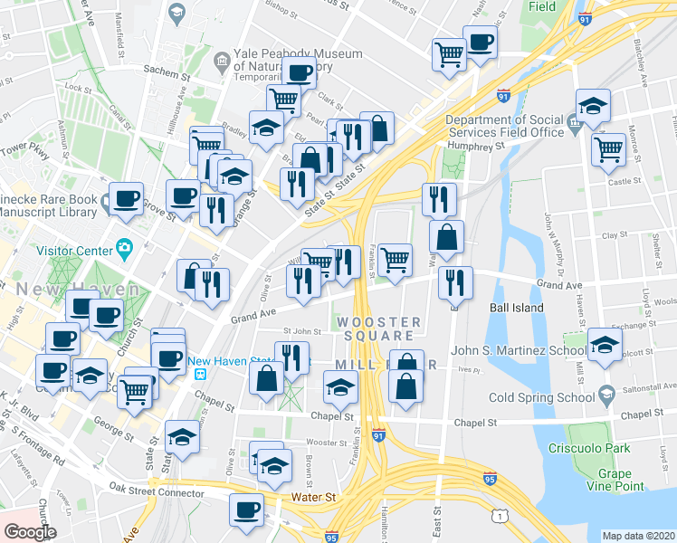 map of restaurants, bars, coffee shops, grocery stores, and more near 12 Bradley Street in New Haven