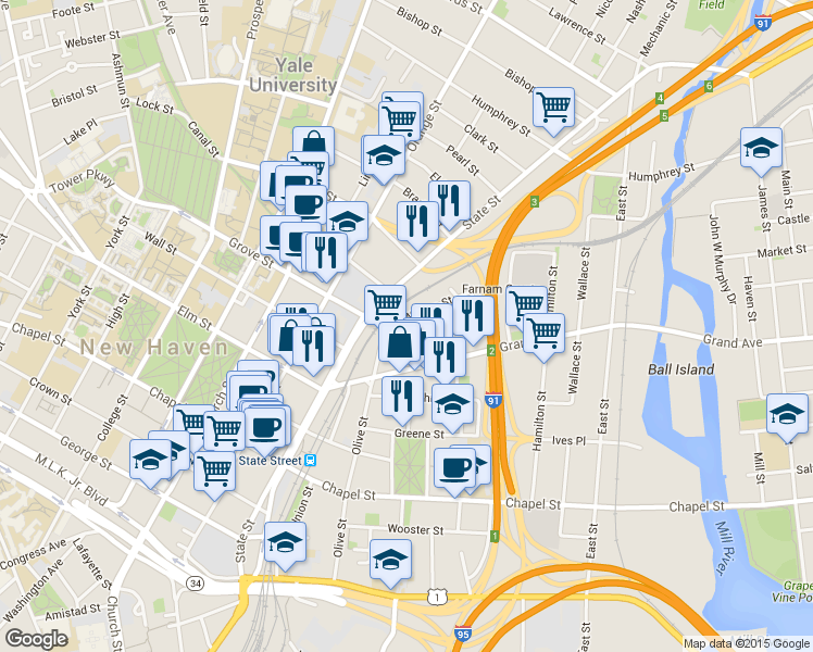 map of restaurants, bars, coffee shops, grocery stores, and more near 83 Lyon Street in New Haven