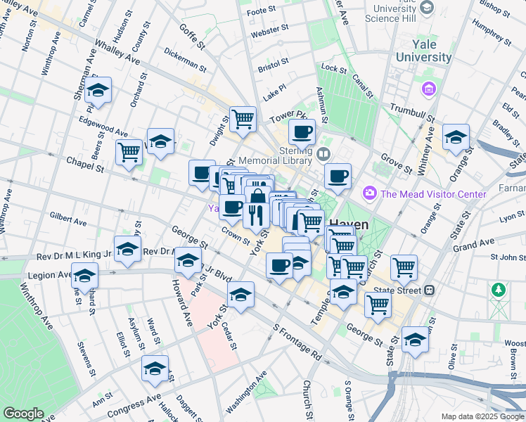 map of restaurants, bars, coffee shops, grocery stores, and more near 1145 Chapel Street in New Haven