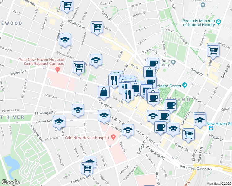map of restaurants, bars, coffee shops, grocery stores, and more near 379 Crown Street in New Haven