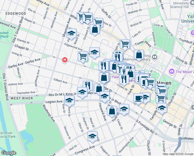 map of restaurants, bars, coffee shops, grocery stores, and more near 101 Dwight Street in New Haven