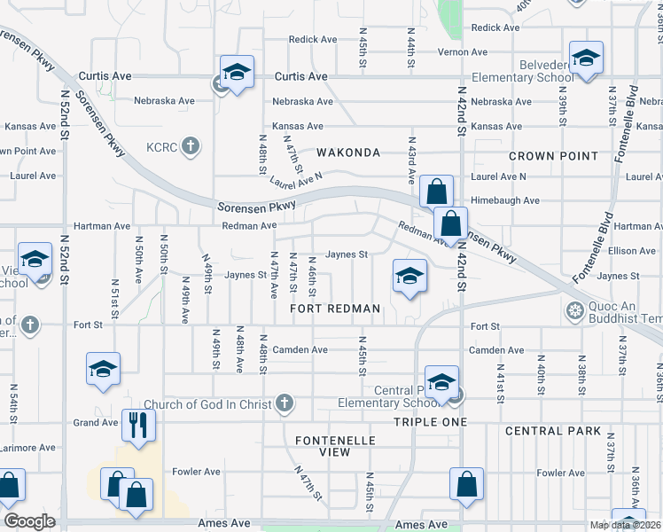 map of restaurants, bars, coffee shops, grocery stores, and more near 543 North 45th Avenue in Omaha