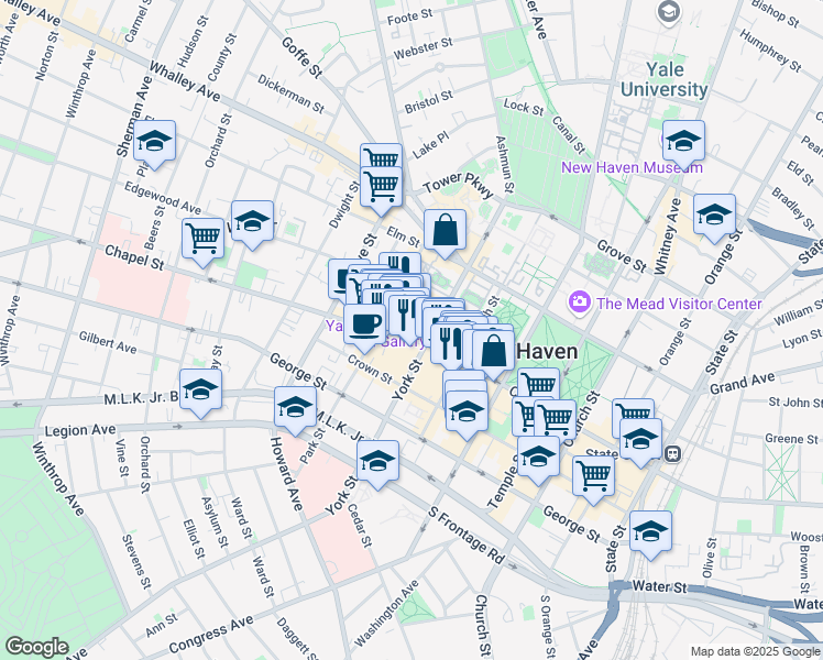 map of restaurants, bars, coffee shops, grocery stores, and more near 1145 Chapel Street in New Haven