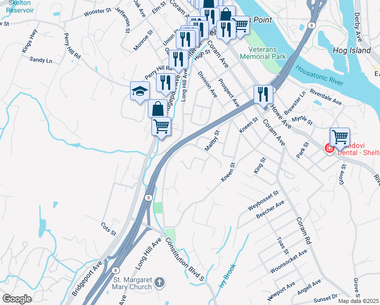 map of restaurants, bars, coffee shops, grocery stores, and more near 4 Wakelee Avenue in Shelton