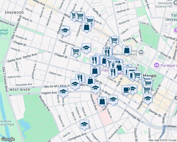 map of restaurants, bars, coffee shops, grocery stores, and more near 101 Dwight Street in New Haven