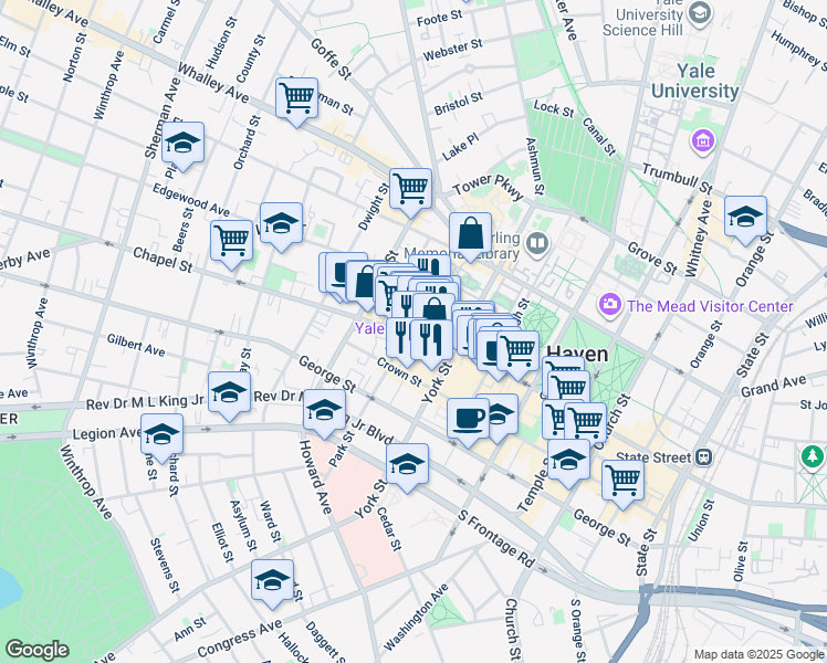 map of restaurants, bars, coffee shops, grocery stores, and more near 1171 -77 Chapel Street in Hamden