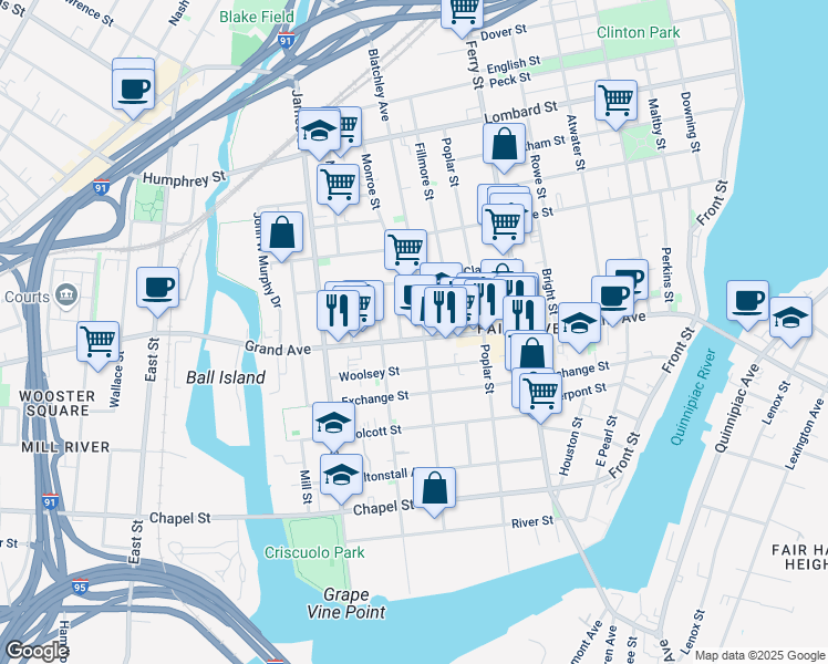 map of restaurants, bars, coffee shops, grocery stores, and more near 324 Grand Avenue in New Haven