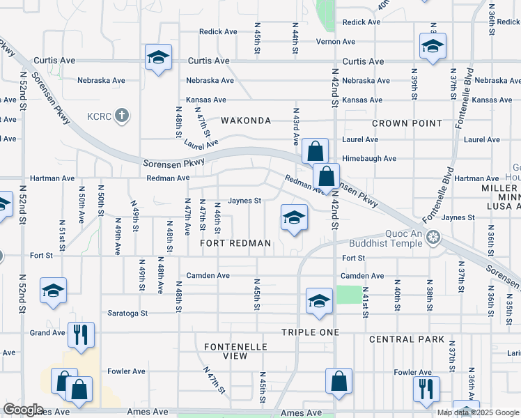 map of restaurants, bars, coffee shops, grocery stores, and more near 5350 North 44th Avenue in Omaha