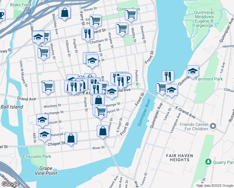 map of restaurants, bars, coffee shops, grocery stores, and more near 134 Grand Avenue in New Haven