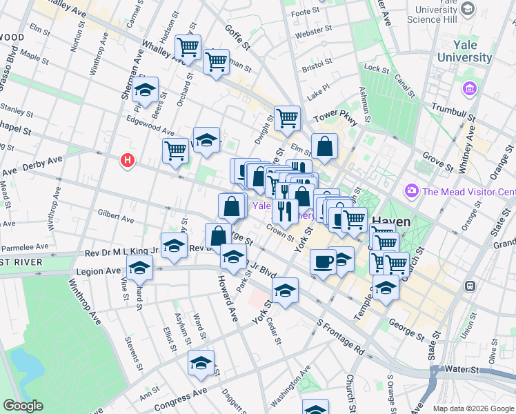 map of restaurants, bars, coffee shops, grocery stores, and more near 379 Crown Street in New Haven