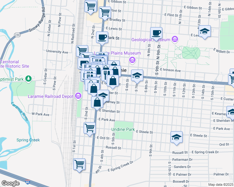 map of restaurants, bars, coffee shops, grocery stores, and more near 501 South 5th Street in Laramie