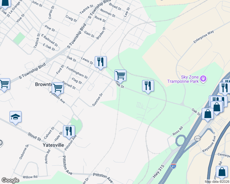 map of restaurants, bars, coffee shops, grocery stores, and more near 1114-1122 Sunset Dr in Pittston