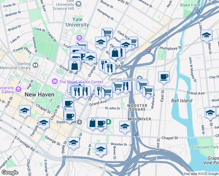 map of restaurants, bars, coffee shops, grocery stores, and more near 83 Lyon Street in New Haven