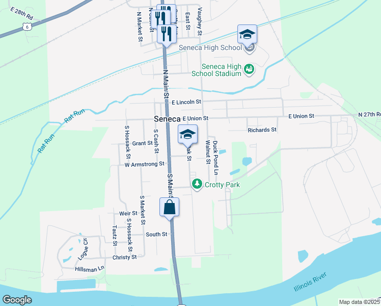 map of restaurants, bars, coffee shops, grocery stores, and more near 174 Oak Street in Seneca