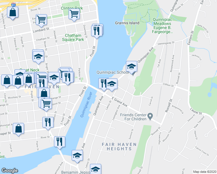 map of restaurants, bars, coffee shops, grocery stores, and more near 366 Lenox Street in New Haven