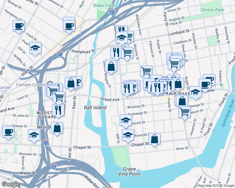 map of restaurants, bars, coffee shops, grocery stores, and more near 425 Grand Avenue in New Haven