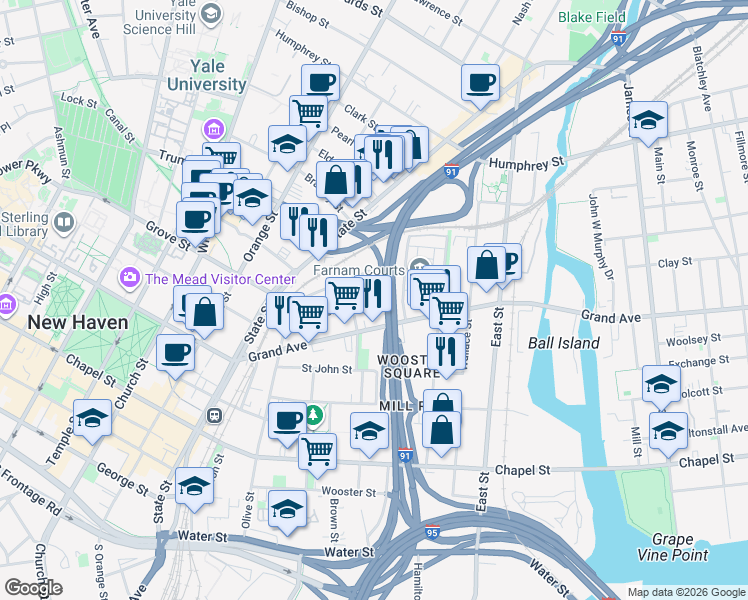 map of restaurants, bars, coffee shops, grocery stores, and more near 12 Bradley Street in New Haven