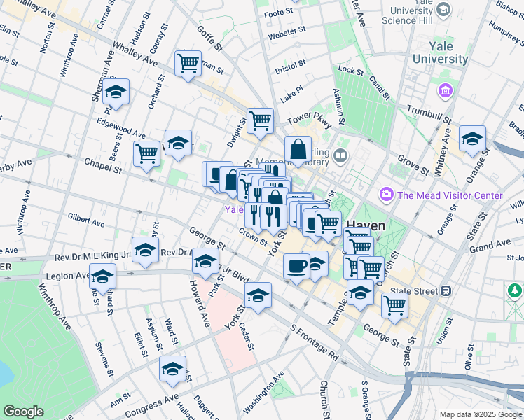 map of restaurants, bars, coffee shops, grocery stores, and more near 1156 Chapel Street in New Haven