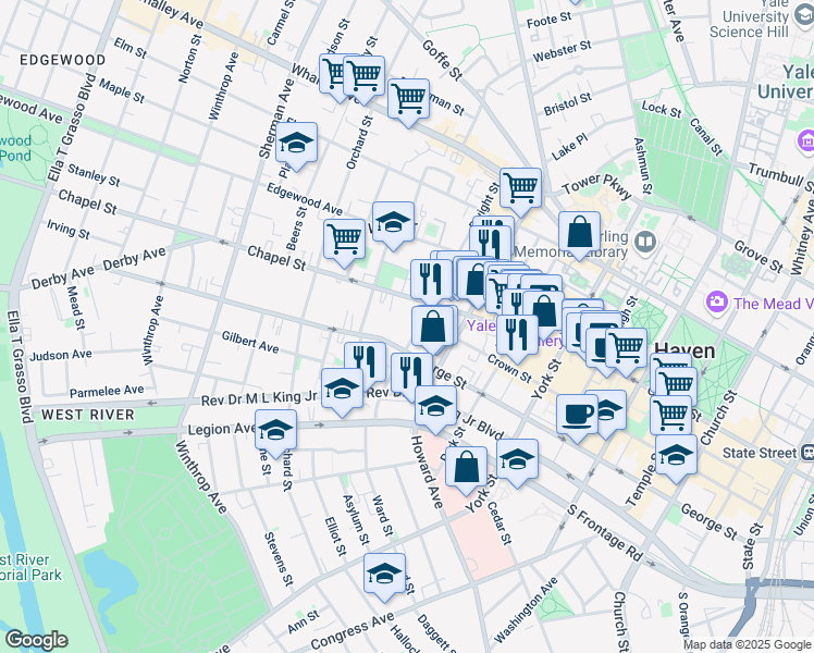 map of restaurants, bars, coffee shops, grocery stores, and more near 101 Dwight Street in New Haven